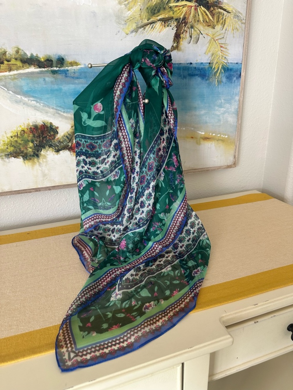 Vince Camuto Emerald Green Floral Border Sheer Scarf